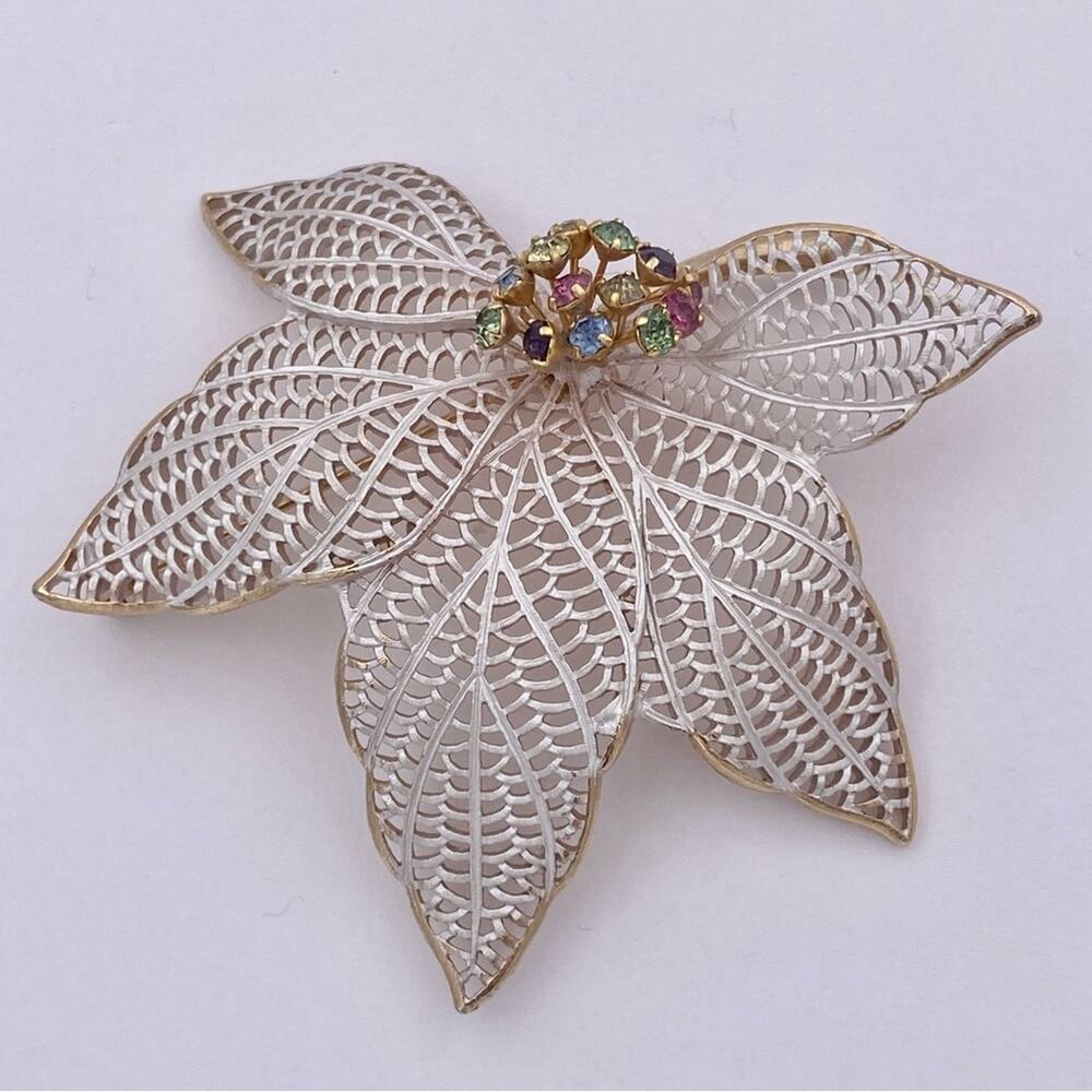 1960’s Era Pastel Rhinestone Two Tone Large Leaf Brooch